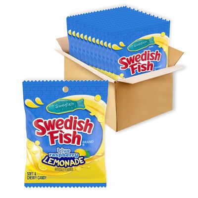 SWEDISH FISH Blue Raspberry Lemonade Soft Chewy Candy, Bulk Candy, 12-3.59 oz Bags