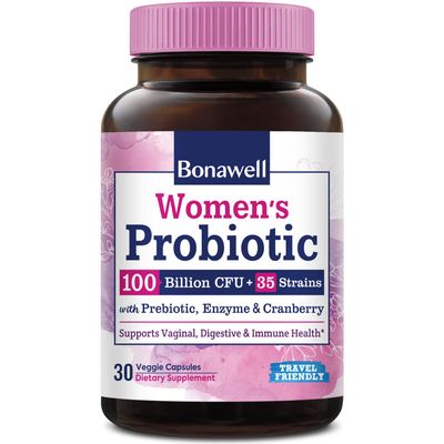 Bonawell Probiotics for Women 100B, with Prebiotics, Digestive Enzymes Organic Cranberry for Female Vaginal Health, Digestion Immunity, Shelf-Stable, Delayed-Release, 30 Veggie Caps