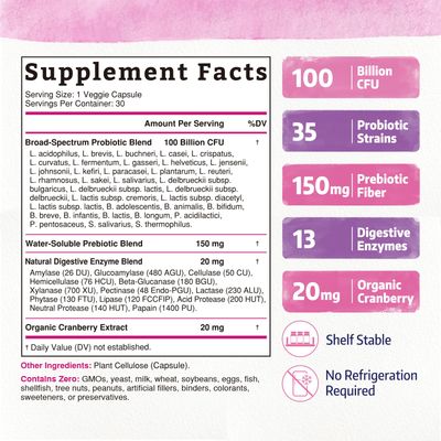 Bonawell Probiotics for Women 100B, with Prebiotics, Digestive Enzymes Organic Cranberry for Female Vaginal Health, Digestion Immunity, Shelf-Stable, Delayed-Release, 30 Veggie Caps