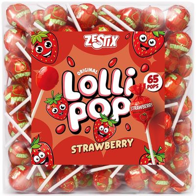 Strawberry Lollipops - 65 Count Bulk Candy Pack, Individually Wrapped Suckers - Sweet Strawberry Flavor - Party Candy, Parade Treats, Birthday Favors Kids Events