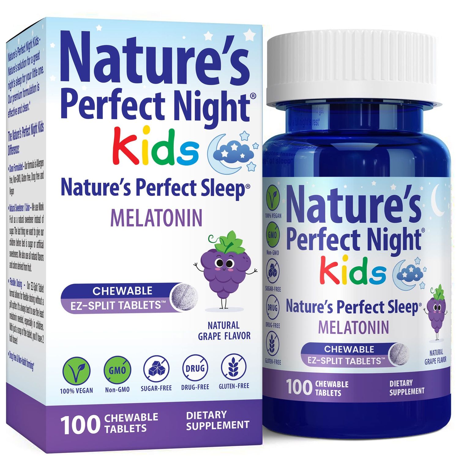 Nature&#39;s Perfect Night Kids Kids Melatonin 1mg 100 Chewable Tablets Natural Grape Flavor Sugar Free Vegan Gluten Free Drug Free Value Size