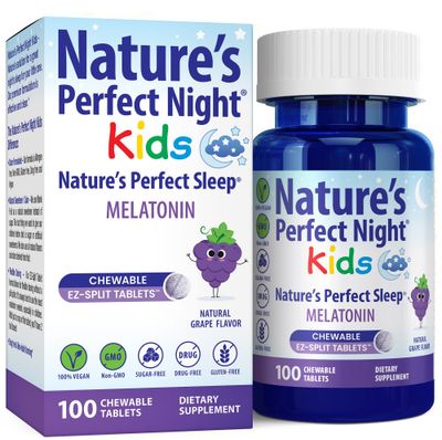 Nature&#39;s Perfect Night Kids Kids Melatonin 1mg 100 Chewable Tablets Natural Grape Flavor Sugar Free Vegan Gluten Free Drug Free Value Size