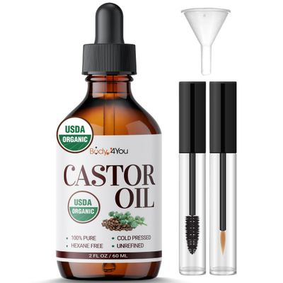 BodyJ4You Castor Oil Eyelashes Eyebrows DIY Cosmetics - 100 Pure Natural USDA Organic Cold Pressed - Hydrating Skin Hair Growth Oil Lashes Scalp - Non-GMO Hexane Free Unrefined - Glass Bottle 2 Fl Oz