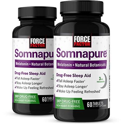 Force Factor Somnapure Drug-No Sleep Aid for Adults with Melatonin, Valerian Root, Lemon Balm, Non-Habit-Forming Sleeping Pills, Fall Asleep Calm at Night, Wake Up Refreshed, 120 Tablets (2-Pack)