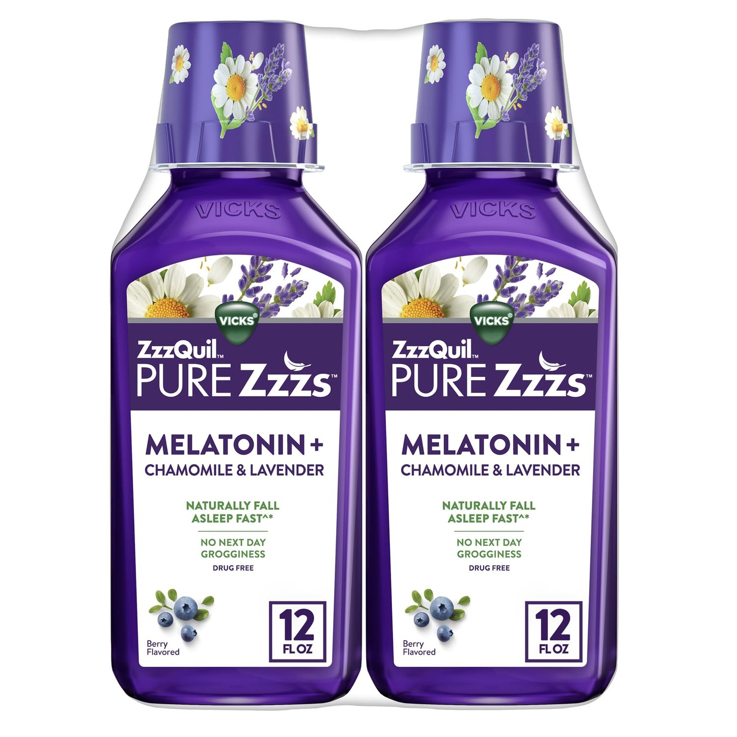 ZzzQuil Pure Zzzs Melatonin Liquid, Sleep Aid, Liquid Melatonin 2mg, with Chamomile Lavender, Fall Asleep Fast, Melatonin Sleep Aids for Adults, Berry Flavored, 2 Pack, 24 FL OZ