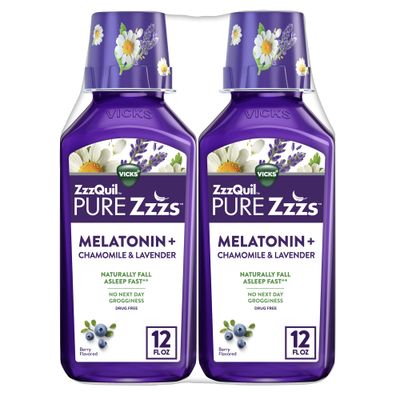 ZzzQuil Pure Zzzs Melatonin Liquid, Sleep Aid, Liquid Melatonin 2mg, with Chamomile Lavender, Fall Asleep Fast, Melatonin Sleep Aids for Adults, Berry Flavored, 2 Pack, 24 FL OZ