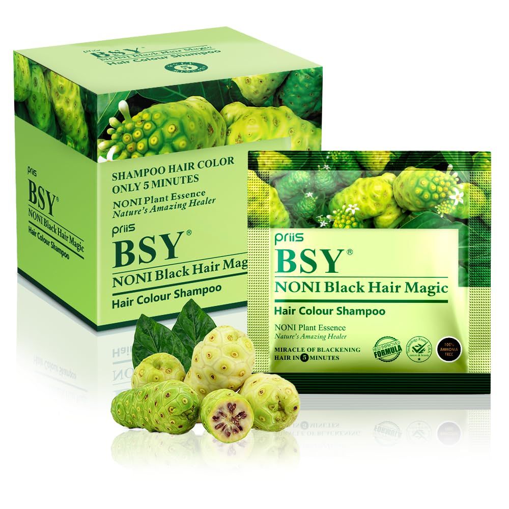 BSY Black Hair Magic Color Shampoo (12ml x 12 Sachets) Ammonia-Free Permanent Noni Fruit Hair Dye for Men and Women Natural 5-Minute Hair Color