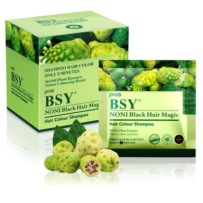 BSY Black Hair Magic Color Shampoo (12ml x 12 Sachets) Ammonia-Free Permanent Noni Fruit Hair Dye for Men and Women Natural 5-Minute Hair Color