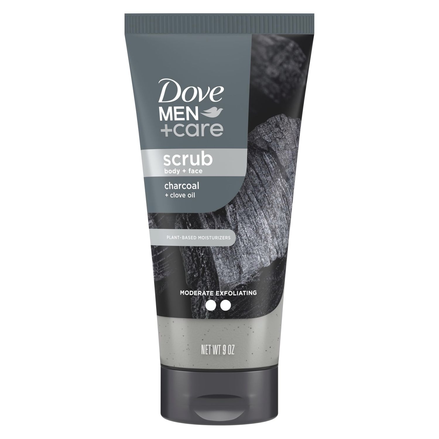 Dove MenCare Body and Face Scrub Charcoal Clove Oil Deeply Exfoliates for Hydrated Nourished Skin Gentle Cleanser, No Sulfate Cleansers or Parabens 9 Fl oz
