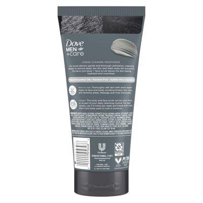 Dove MenCare Body and Face Scrub Charcoal Clove Oil Deeply Exfoliates for Hydrated Nourished Skin Gentle Cleanser, No Sulfate Cleansers or Parabens 9 Fl oz