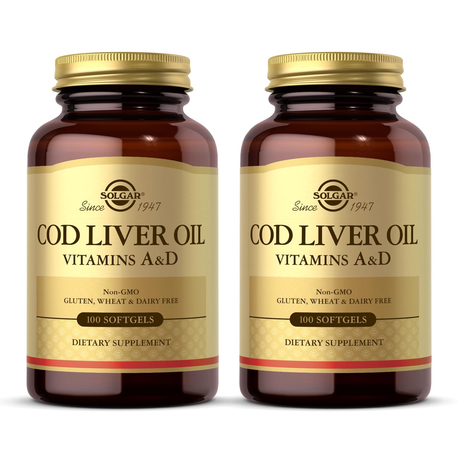SOLGAR Cod Liver Oil - 100 Softgels, Pack of 2 - Provides Vitamins A D - Non-GMO, Gluten Free - 200 Total Servings