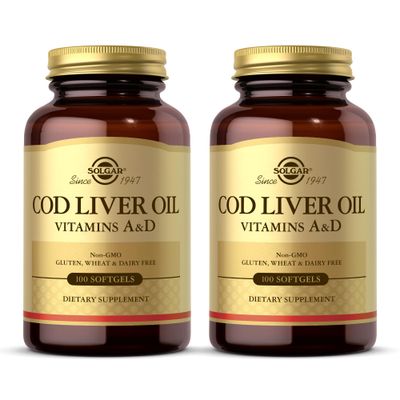 SOLGAR Cod Liver Oil - 100 Softgels, Pack of 2 - Provides Vitamins A D - Non-GMO, Gluten Free - 200 Total Servings