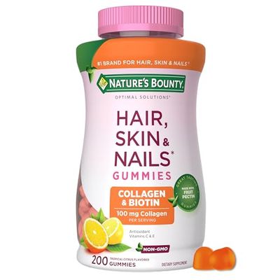 Nature&#39;s Bounty Optimal Solutions Hair, Skin and Nails Collagen Pectin Gummies, 100 mg Collagen and 2,500 mcg Biotin Per Serving, No Stick Gummy, Tropical Citrus Flavor, 200 ct, 100 Total Servings