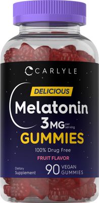 Carlyle Melatonin Gummies 3mg 90 Count Fruit Flavor Gummy Supplement 100 Drug Free Support Vegan, Non-GMO, Gluten Free