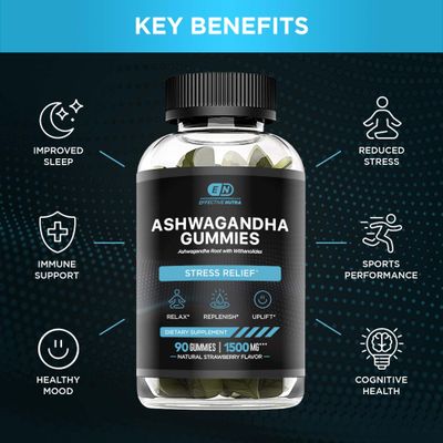 EFFECTIVE NUTRA Ashwagandha Gummies 1500mg Stress Relief, Immune Support, Calm Mood, Energy Natural Berry Flavor 90-Day Supply Vegan, Gluten-Free, Non-GMO Supplement for Men Women (2-Pack)
