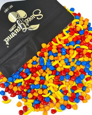 SweetGourmet Fruit Shaped Pressed Coated Hard Candy Peach, Blueberry, Strawberry, Banana 1 Pound
