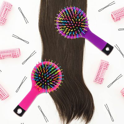Pack of 2 Rainbow Volume Brushes Detangling Hair Brushes Hair Curl Straight Magic Combs with Mirror (Pink Purple)
