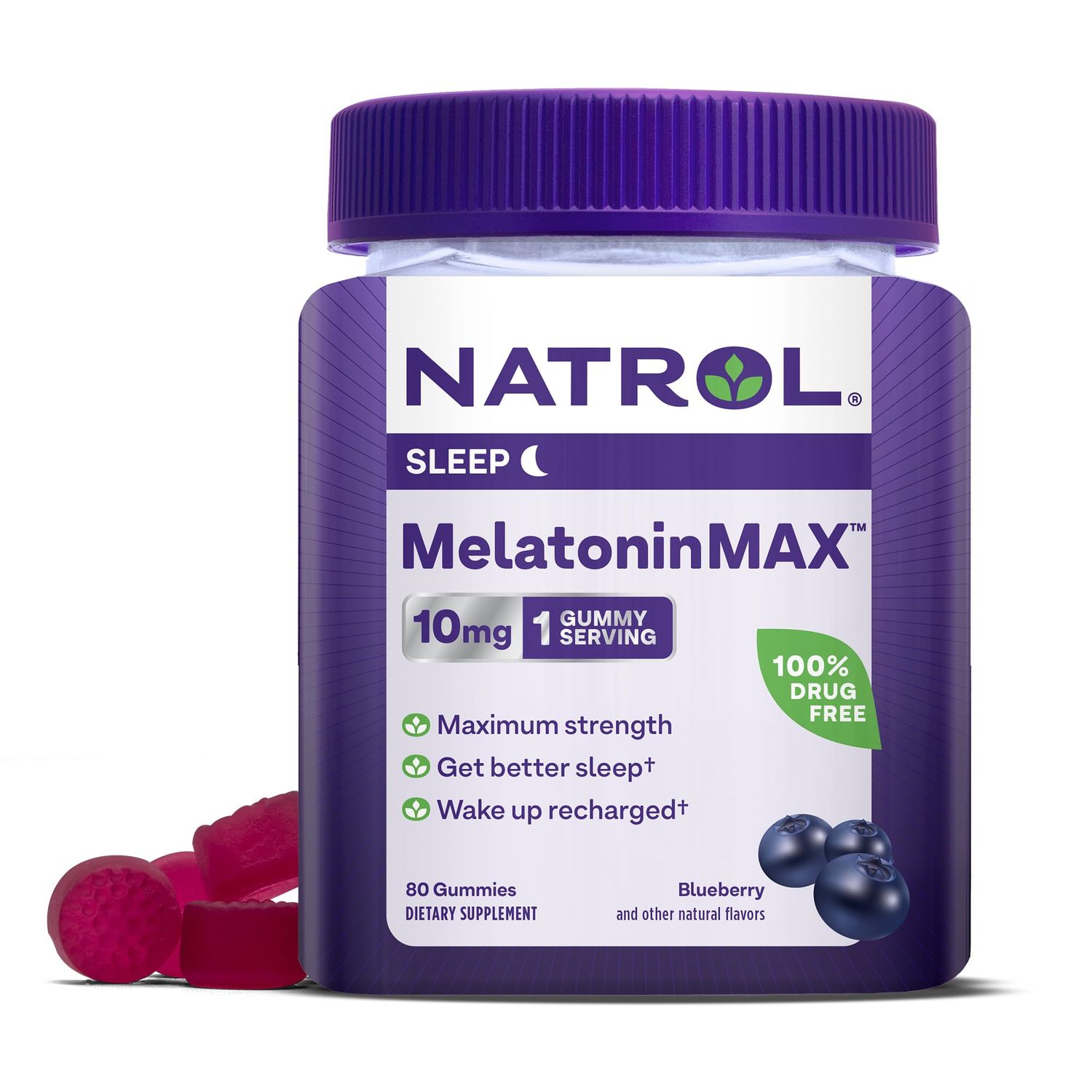 Natrol Melatonin Max 10mg, Blueberry, 100 Drug Free, Vegetarian Friendly, Non-GMO, 80 Gummies (Pack of 1)