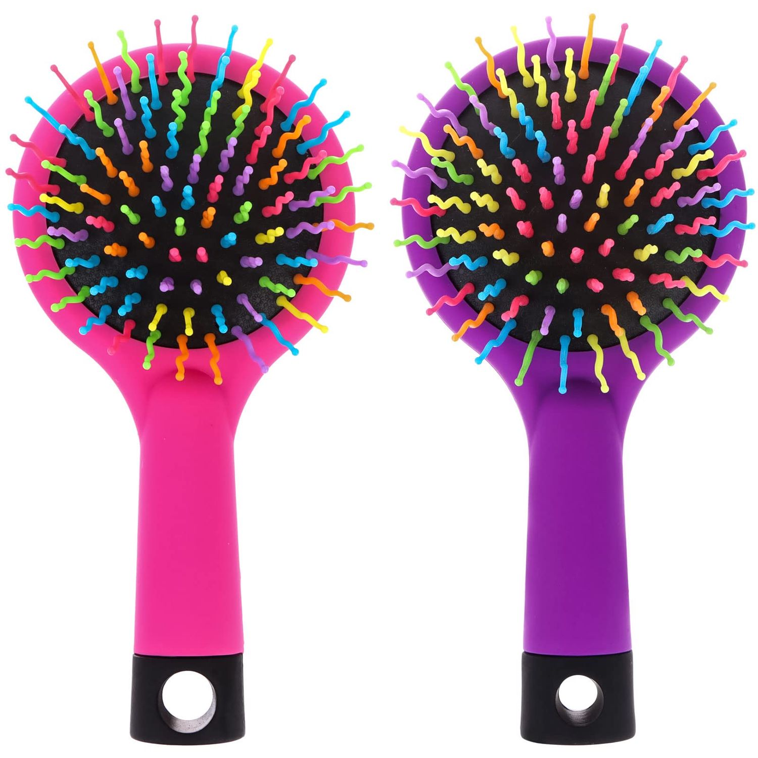 Pack of 2 Rainbow Volume Brushes Detangling Hair Brushes Hair Curl Straight Magic Combs with Mirror (Pink Purple)