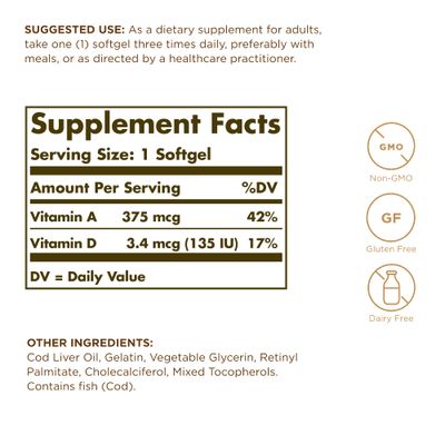 SOLGAR Cod Liver Oil - 100 Softgels, Pack of 2 - Provides Vitamins A D - Non-GMO, Gluten Free - 200 Total Servings