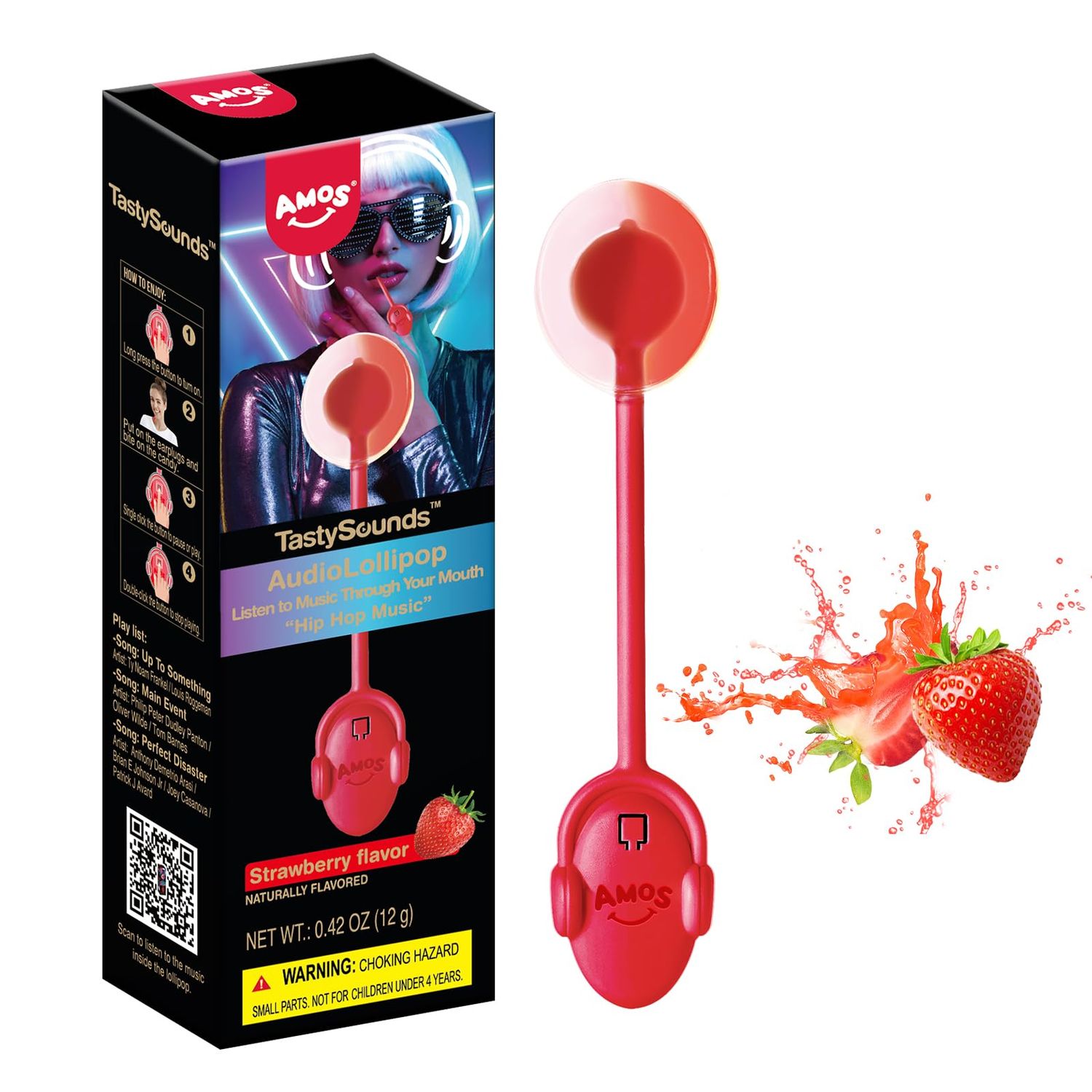 Amos Music Lollipop Candy, Audio Singing Lollipop, Unique Valentine&#39;s Gift, Individually Wrapped Natural Strawberry Flavor (1 Pack)