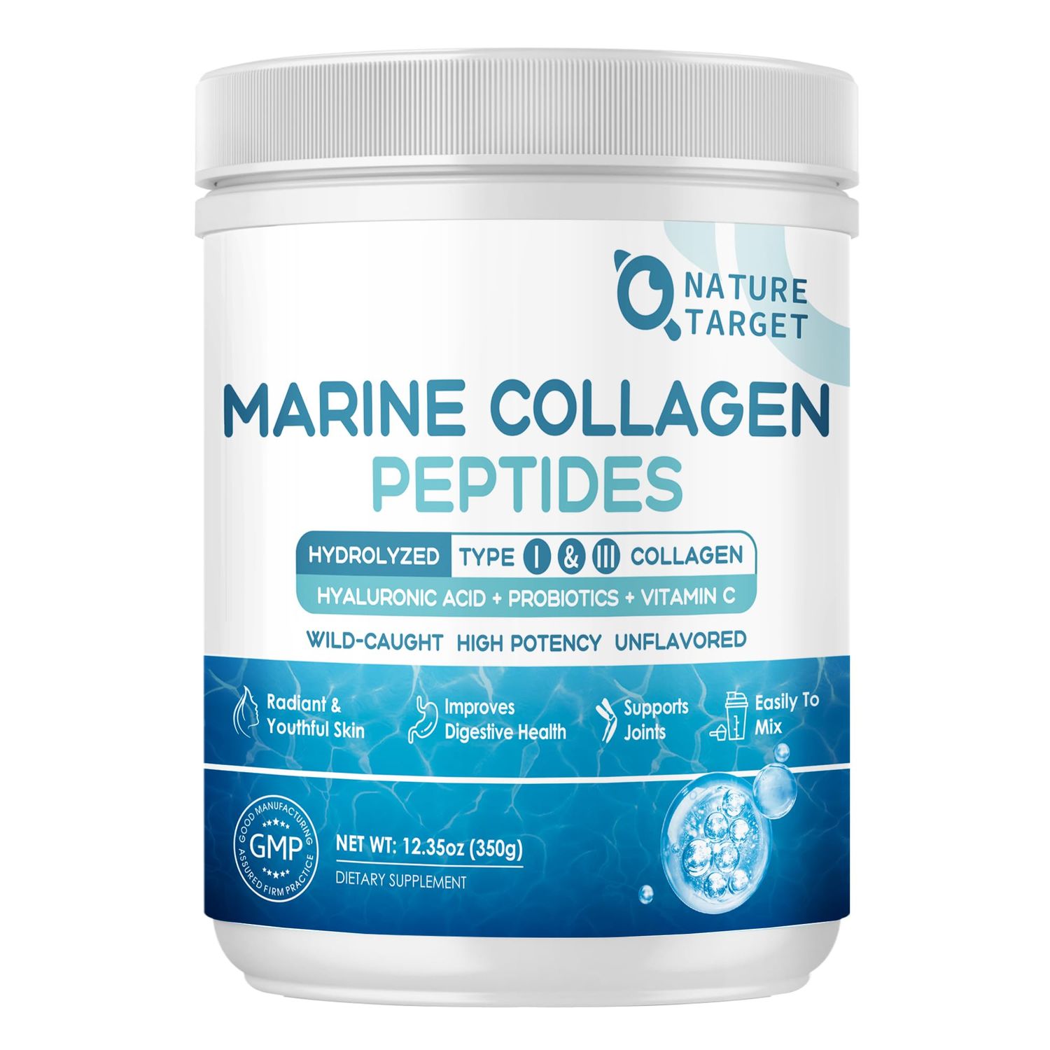 NATURE TARGET Marine Collagen Peptides Powder - Type I III Collagen with Probiotics, Vitamin C Hyaluronic Acid for Skin, Hair, Nails Joint, Wild-Caught Fish Grass-Fed Bovine, 35 Servings