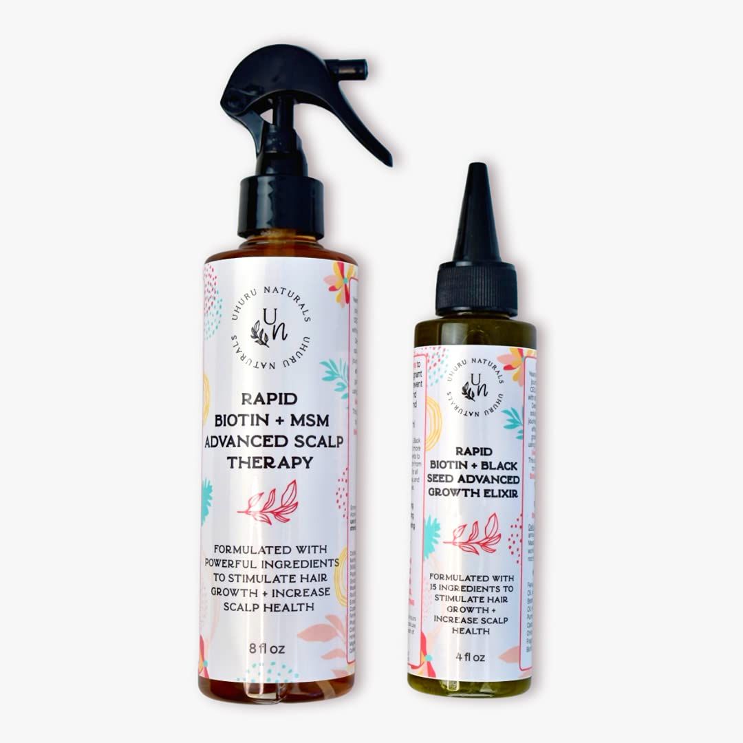 Rapid Hair Growth Bundle Natural Spray and Oil with Biotin, Black Seed Oil, MSM, Chebe to Stimulate Growth, Prevent Shedding and Increase Scalp Health for Fuller and Thicker Hair