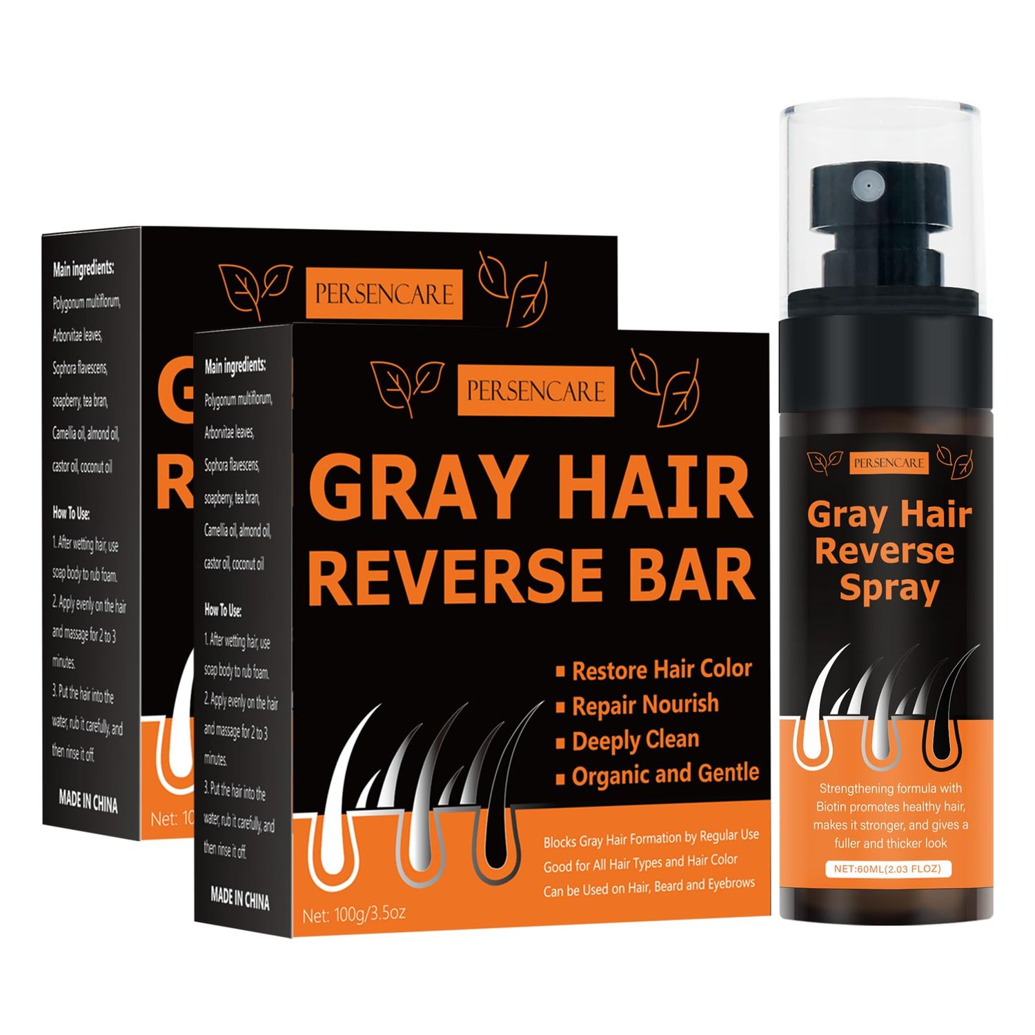 2 Pcs Herbal Gray Hair Reverse Bar Spray, He Shou Wu Shampoo Black Soap and Conditioner Serum, Natural Polygonum Multiflorum Cover Men women Grey Hair Thickening Darkening, Fo Ti Hair Growth Mist