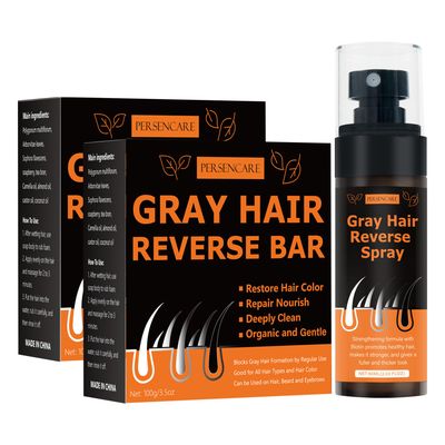 2 Pcs Herbal Gray Hair Reverse Bar Spray, He Shou Wu Shampoo Black Soap and Conditioner Serum, Natural Polygonum Multiflorum Cover Men women Grey Hair Thickening Darkening, Fo Ti Hair Growth Mist