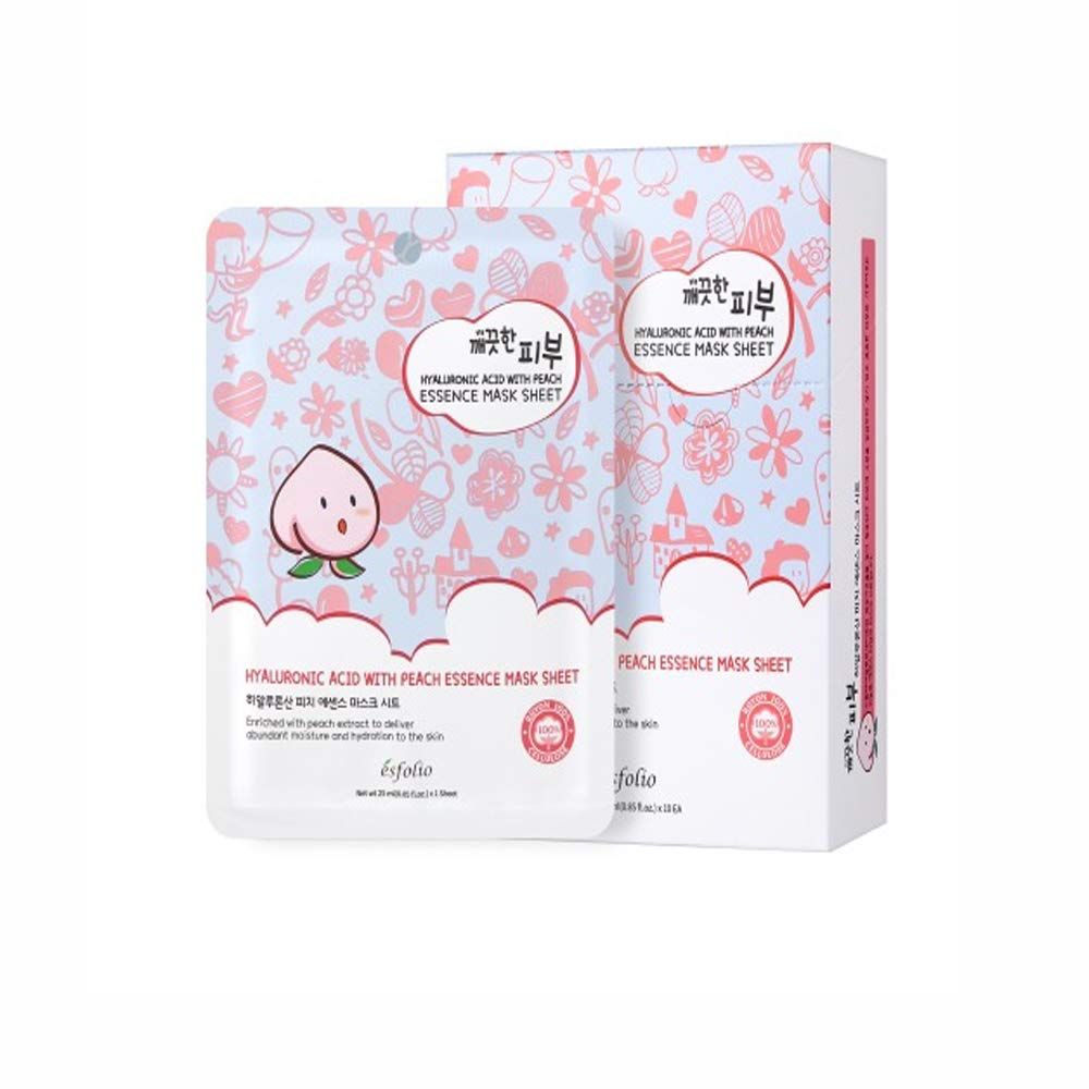 esfolio Pure Skin Hyaluronic Acid with Peach Essence Face Mask Sheet - Hydrating Korean Face Mask for Dark Spots, Pore Care, Oil Control and Improves Skin with Moisturizing and Soothing (Pack of 10)