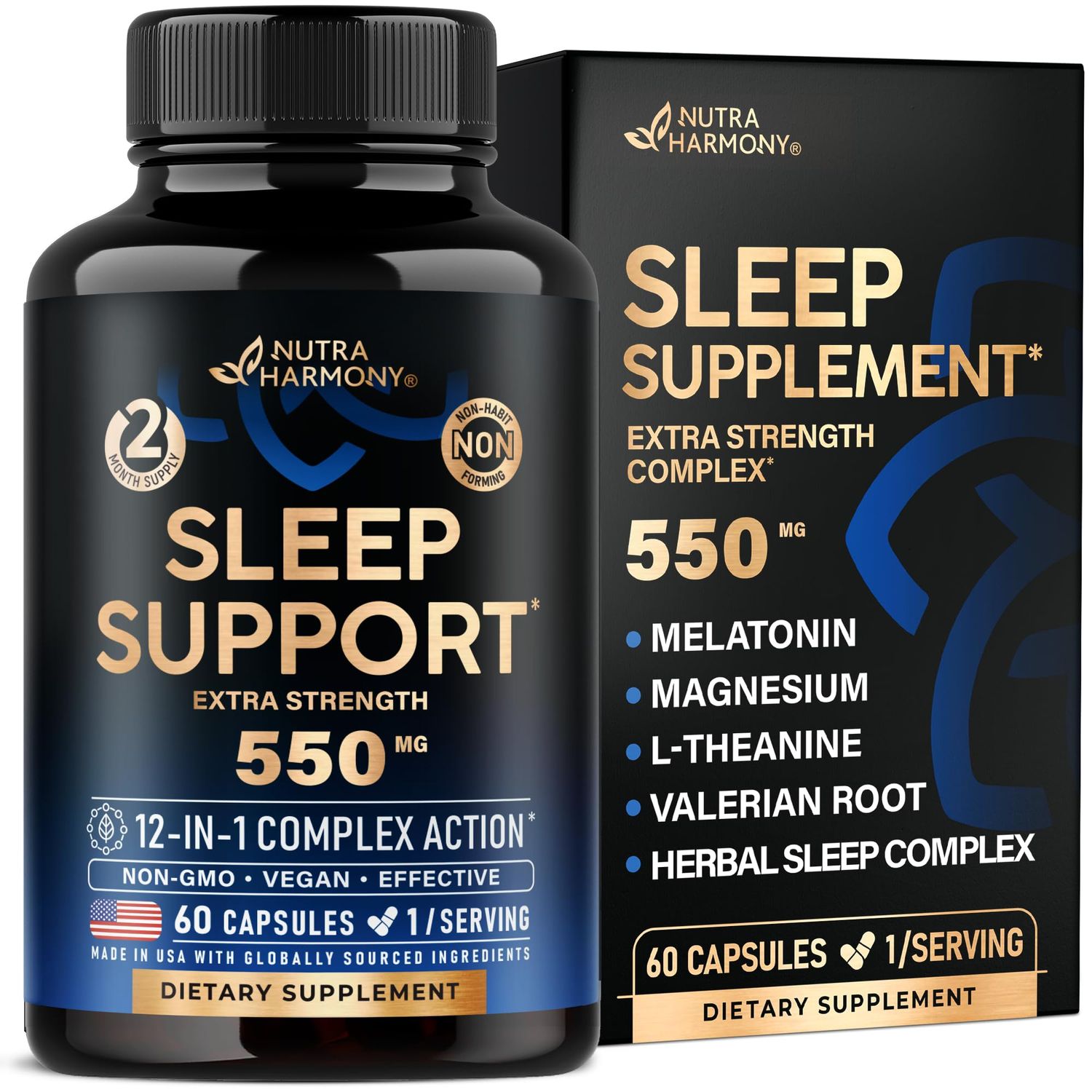Sleeping Pills for Adults 550mg - Valerian Root for Sleep Melatonin 3mg L-Theanine Magnesium - Natural Sleep Aid Supplement - Non-Habit Forming Rest Support - Made in USA - 1Day 60 Capsules