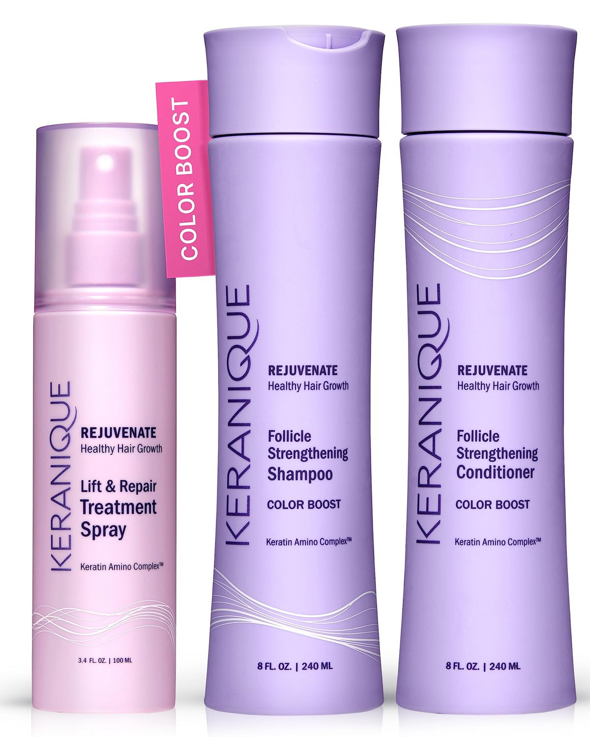 Keranique Color Treated Shampoo and Conditioner Set with Hair Thickening Spray - Keratin Enriched Color Boost Set wShampoo Conditioner and Lift Repair Spray for Women wFine, Thin, Colored Hair