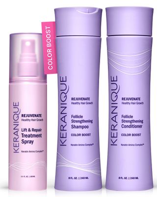 Keranique Color Treated Shampoo and Conditioner Set with Hair Thickening Spray - Keratin Enriched Color Boost Set wShampoo Conditioner and Lift Repair Spray for Women wFine, Thin, Colored Hair