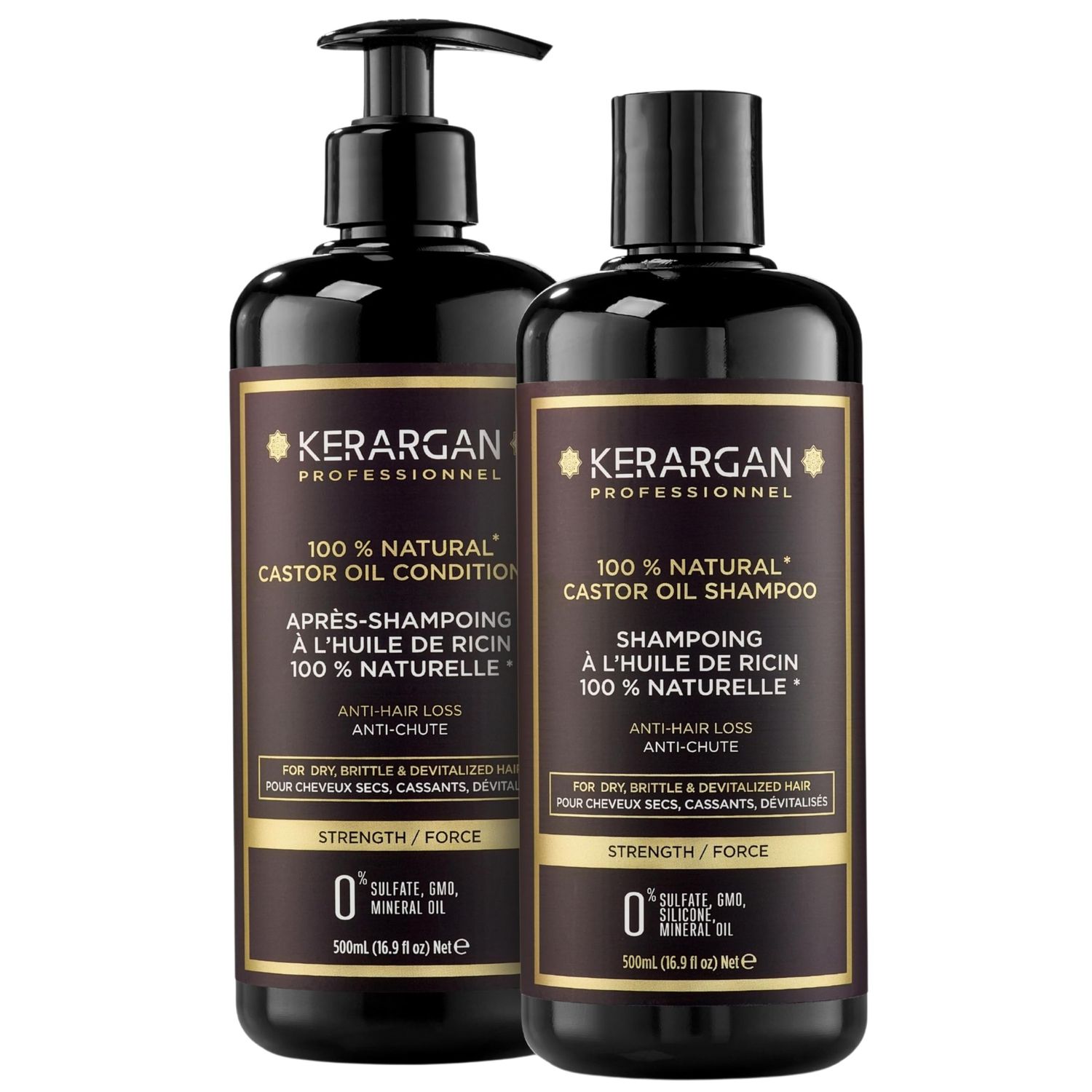 Kerargan - Anti-Hair Loss Shampoo Conditioner Duo with Castor Oil for Dry, Brittle, Lifeless Hair - Promotes Growth - Sulfate-Free, Silicone-Free, GMO-Free - 2x16.9 Fl oz