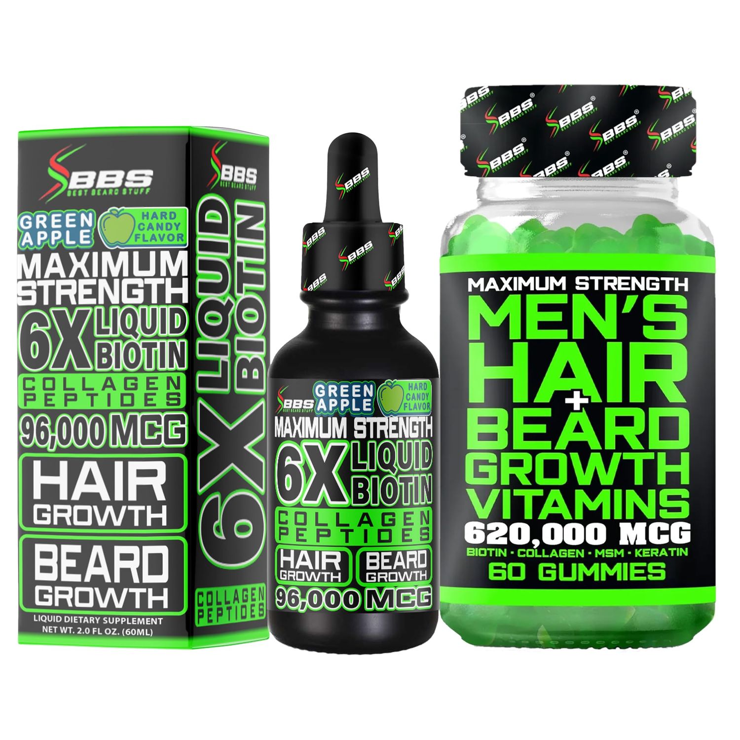 Beard Growth Kit w 6X Liquid BIOTIN Supplement with Collagen Peptides 620,000mcg BIOTIN Gummies Beard Growth Vitamins Hair Growth Vitamins for Men
