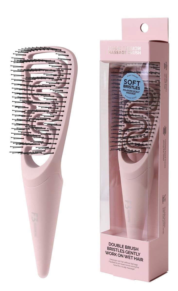 F3 Systems, Tension Massage Detangling Brush - Soft Flexible Bristles, Scalp Massager, Knot Tangle Remover for Wet Dry Hair, Adults Kids