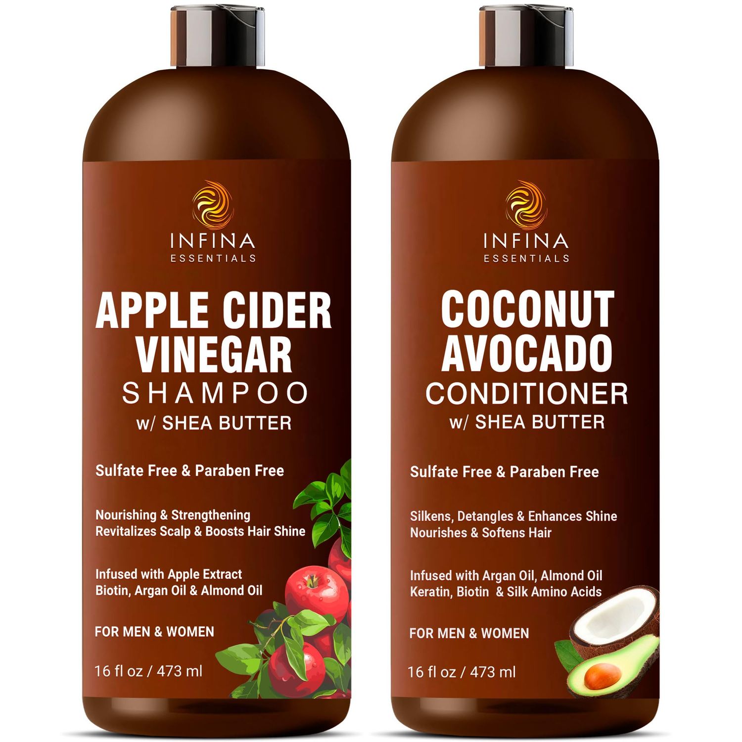 Apple Cider Vinegar Shampoo and Conditioner Set Sulfate Free for Men Women - Itchy Scalp Shampoo wMoisturizing Coconut Avocado Conditioner - Loc Shampoo and Conditioner for Dreads, 16 fl oz each