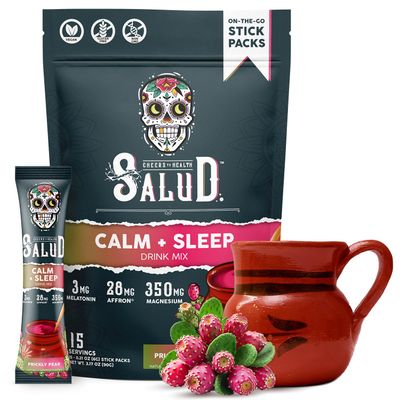 Salud 2-in-1 Sleep Aid Calm Drink Mix, Prickly Pear Flavor, Melatonin, Magnesium, Saffron Extract, L-Theanine, Non-GMO, Gluten Free, Vegan, Low Calorie, 1g of Sugar (15 Servings)