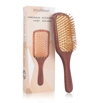 XTrailblazer Luxury Wood Hair Brush with Heat Resistant Properties -Dark Sandalwood Detangling Massage Brush for Long Short Thick Thin Curly Straight Wavy Dry Hair,Hairbrush For Man And Women, Large