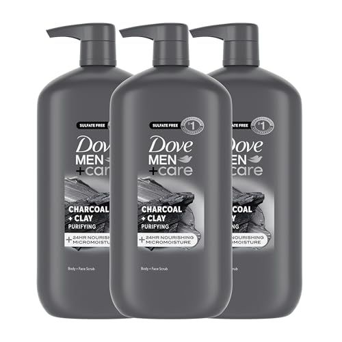 DOVE MEN CARE Purifying Body Face Wash 3 Count Charcoal Clay with 24-Hour Nourishing Micromoisture Technology 30 oz