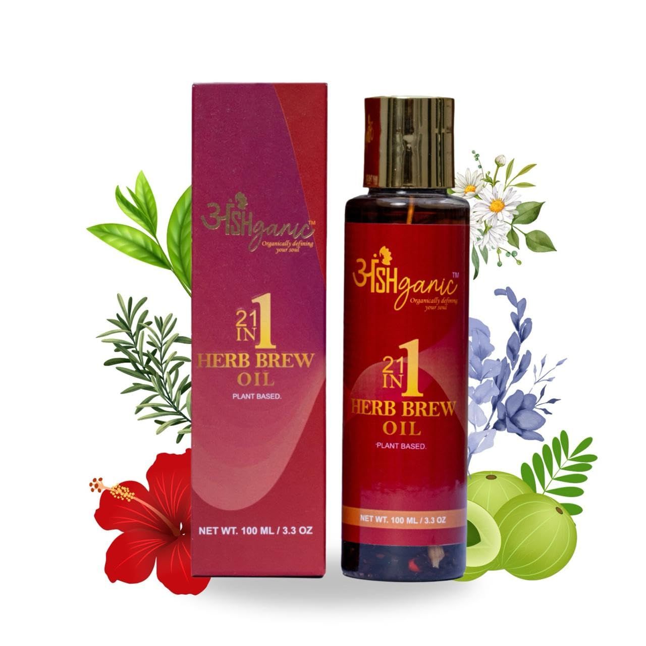 ANSHGANIC Organic Hair Oil brew with 21-in-1 Herbs 100ml Enriched with Rosemary, Hibiscus, Amla, Bhringraj Jojoba Rosemary oil for hair regrowth treatment, Reduces Hair Fall Dandruff