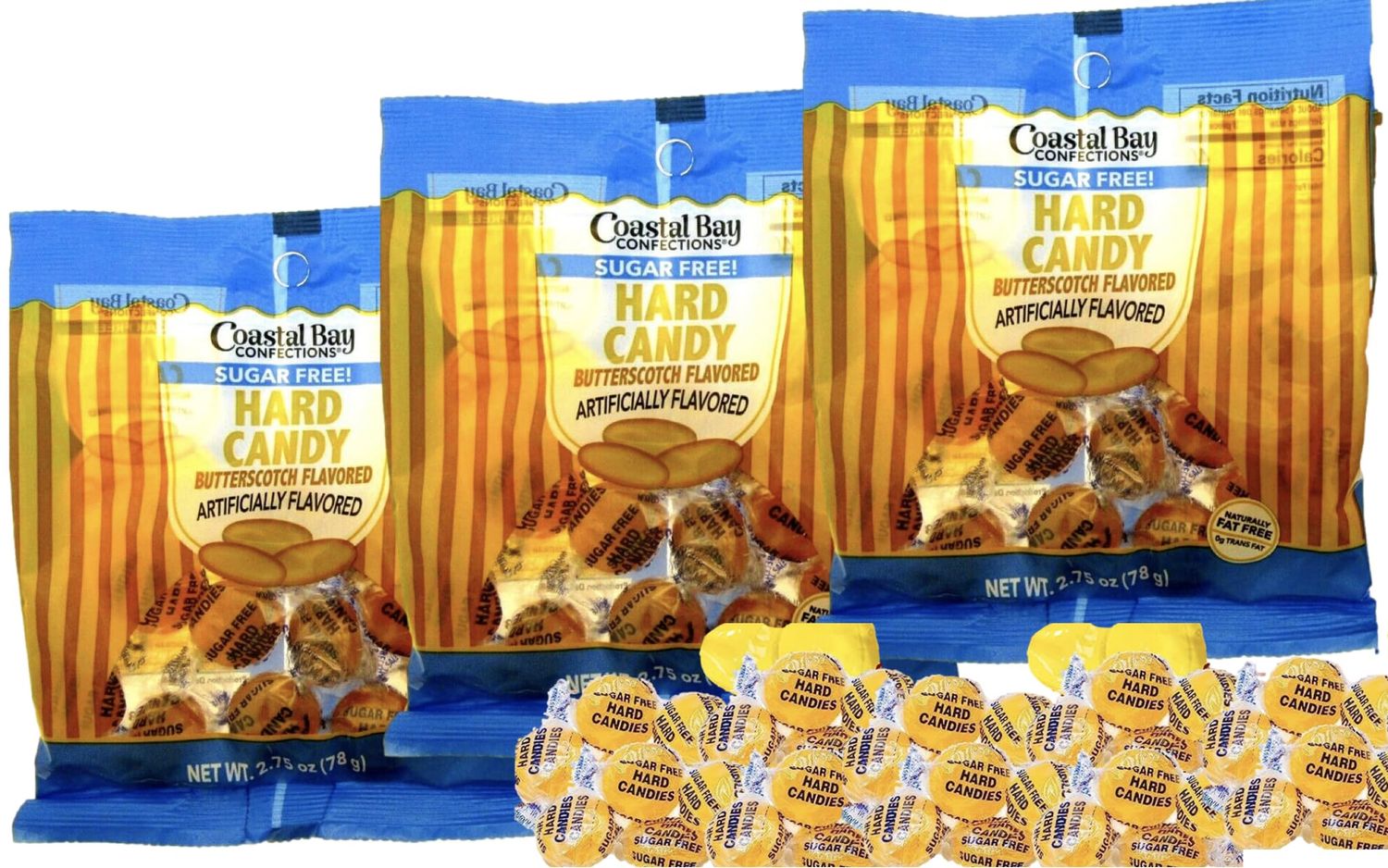 Generic Butterscotch Sugar Free Hard Candy (2.75oz) Bundle of 3 bags Individually Wrapped, Fat-Free, 0 Trans Fat, Sugarfree,Creamy Sweet - Yellow Button Disc Drops