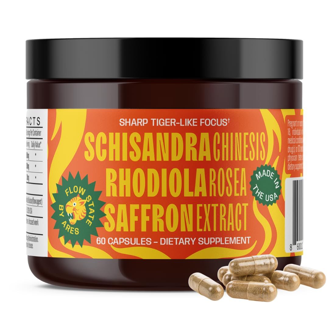 Ares Flow State - Focus, Mood Stress Relief - Natural Dopamine, Serotonin, Cortisol Supplements for Women and Men with Schisandra Organic, Rhodiola Rosea, Saffron Extract - 60 Capsules