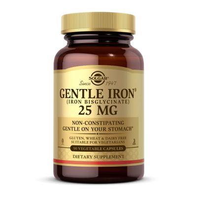 Solgar Gentle Iron (Iron Bisglycinate) 25 mg - 90 Vegetable Capsules - Non-Constipating, Gentle on Your Stomach - Gluten Free - 90 Servings
