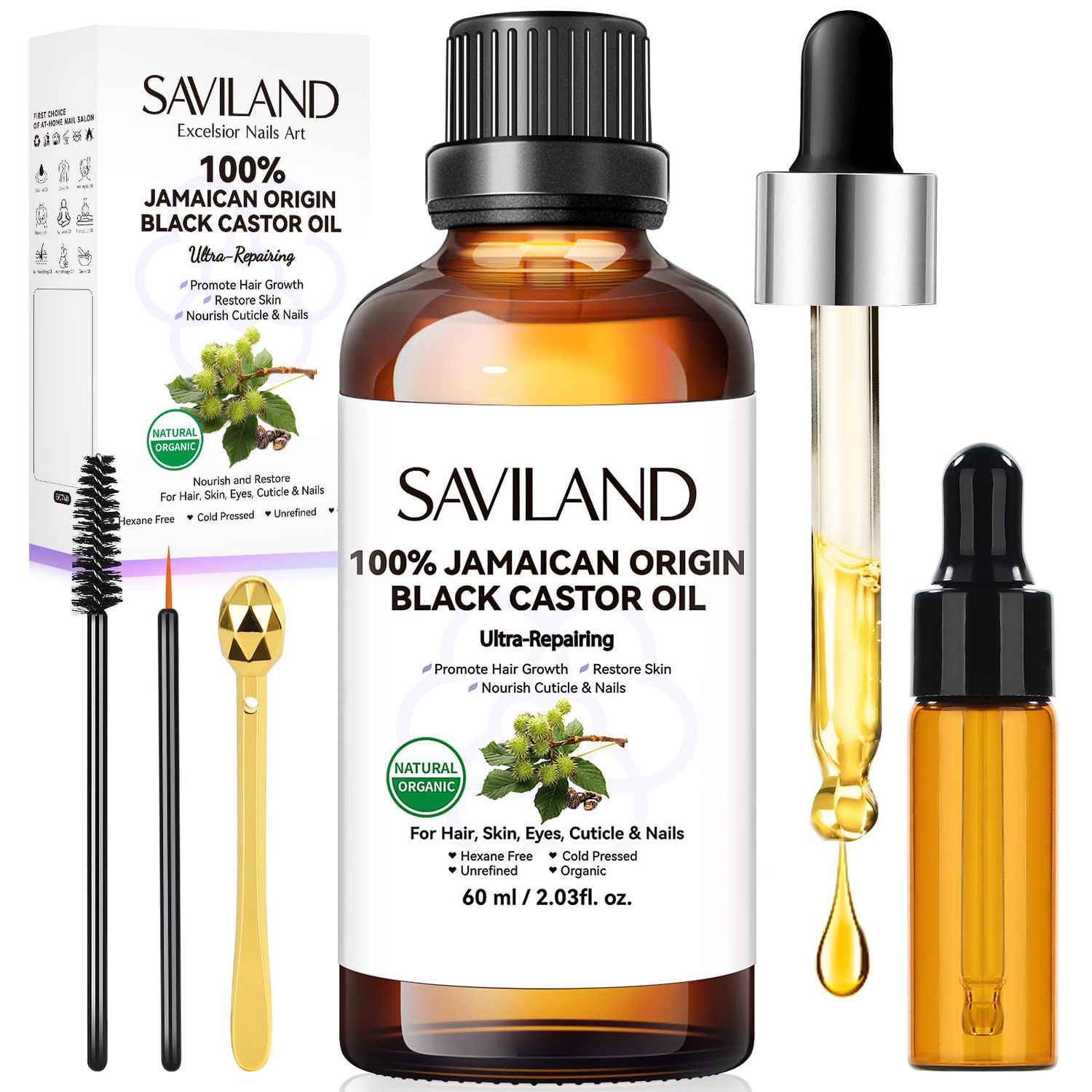 SAVILAND Jamaican Black Castor Oil Organic Cold Pressed Unrefined: 100 Pure and Natural Castor Oil for Hair Growth Eyebrows Face Skin Care Cuticle Nourish Massager Tools Home Care 60ML