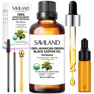 SAVILAND Jamaican Black Castor Oil Organic Cold Pressed Unrefined: 100 Pure and Natural Castor Oil for Hair Growth Eyebrows Face Skin Care Cuticle Nourish Massager Tools Home Care 60ML