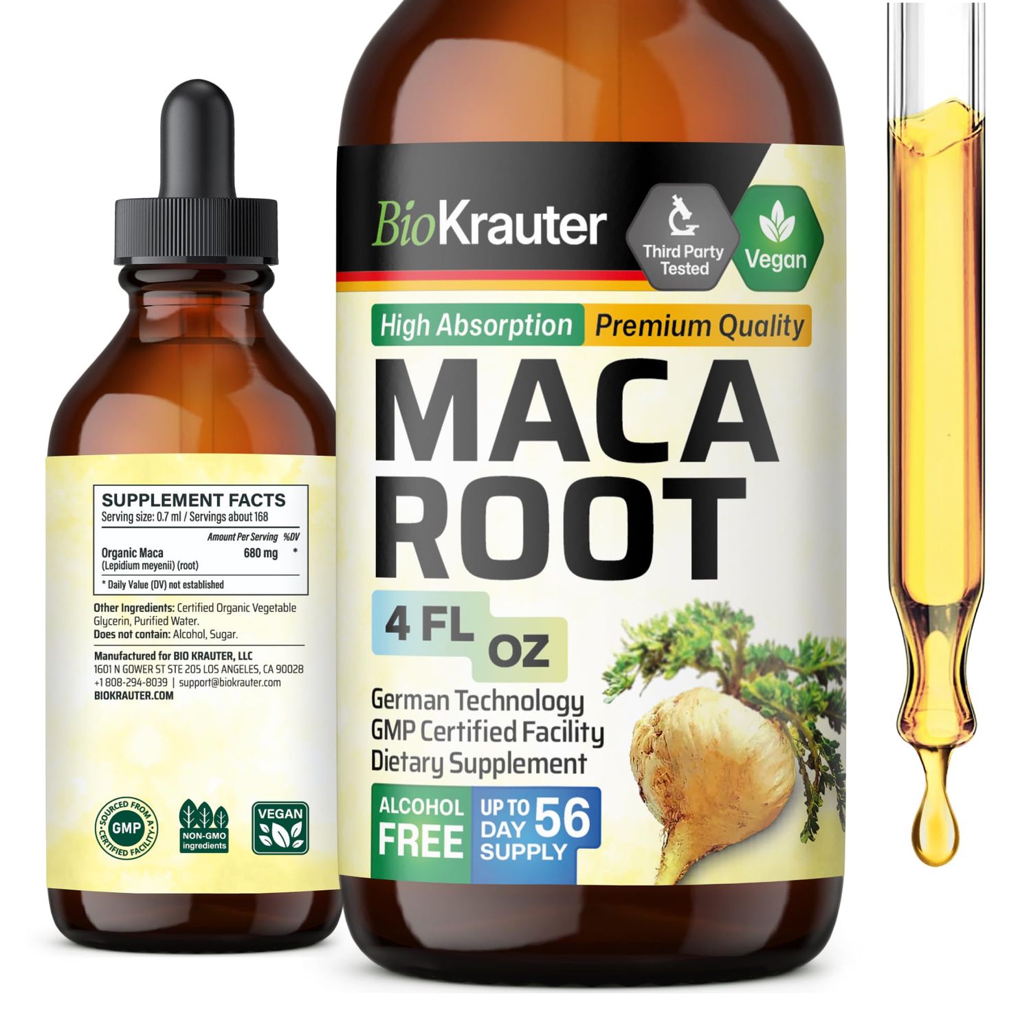 BIO KRAUTER Maca Root Liquid Drops - Maca Extract Tincture - Vegan, Sugar Alcohol Free Extract 4 Fl.Oz.