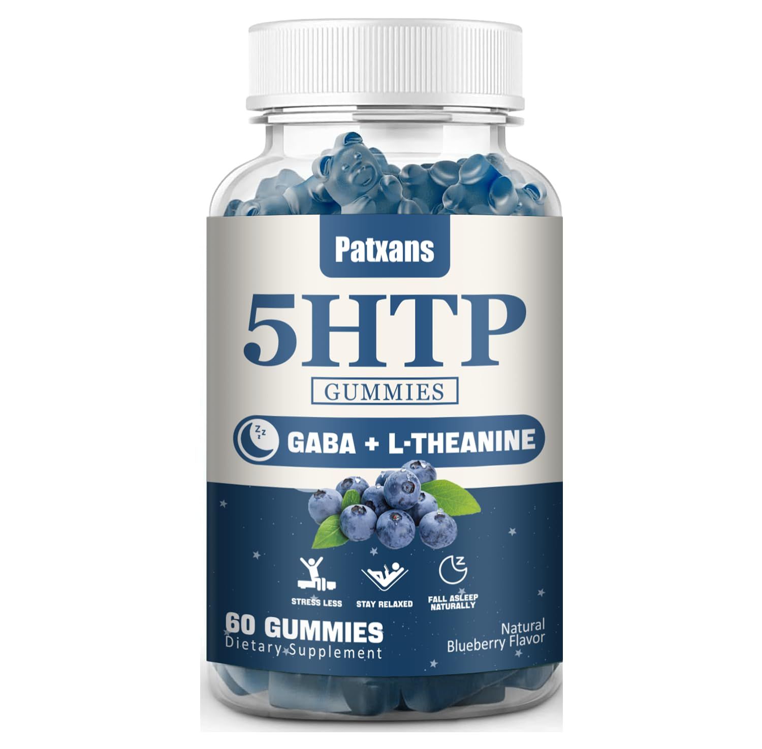 Patxans 1Pack 300MG 5HTP GABA Sleep Supplement Gummies, Melatonin-Free, Contains 200 MG L-Theanine, Sleep Supplement, Omega 3-6-9 for Natural Zzzs, 60 Counts, Blueberry Flavor