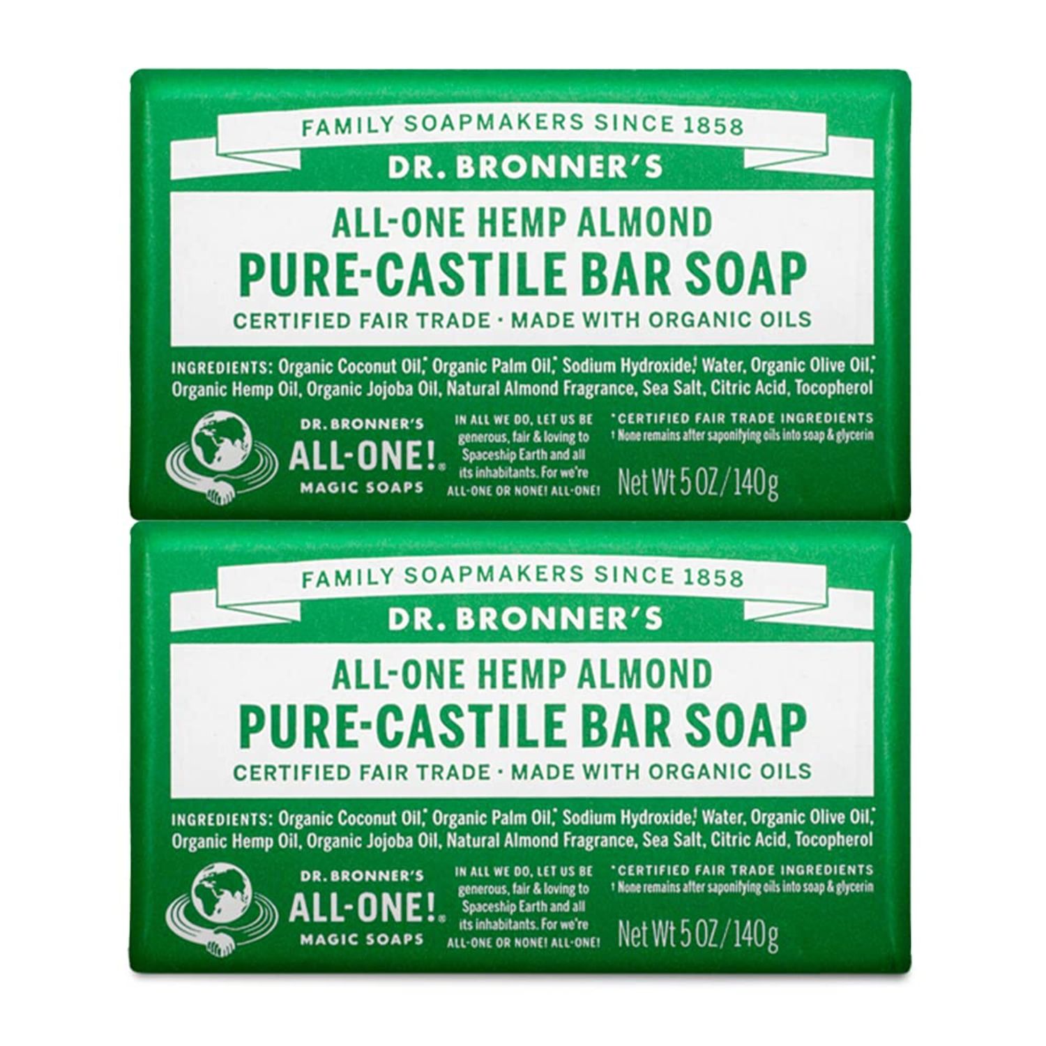 Dr. Bronner&#39;s - Pure-Castile Bar Soap (Almond, 5 ounce, 2-Pack) - Made with Organic Oils, For Face, Body and Hair, Gentle and Moisturizing, Biodegradable, Vegan, Cruelty-free, Non-GMO
