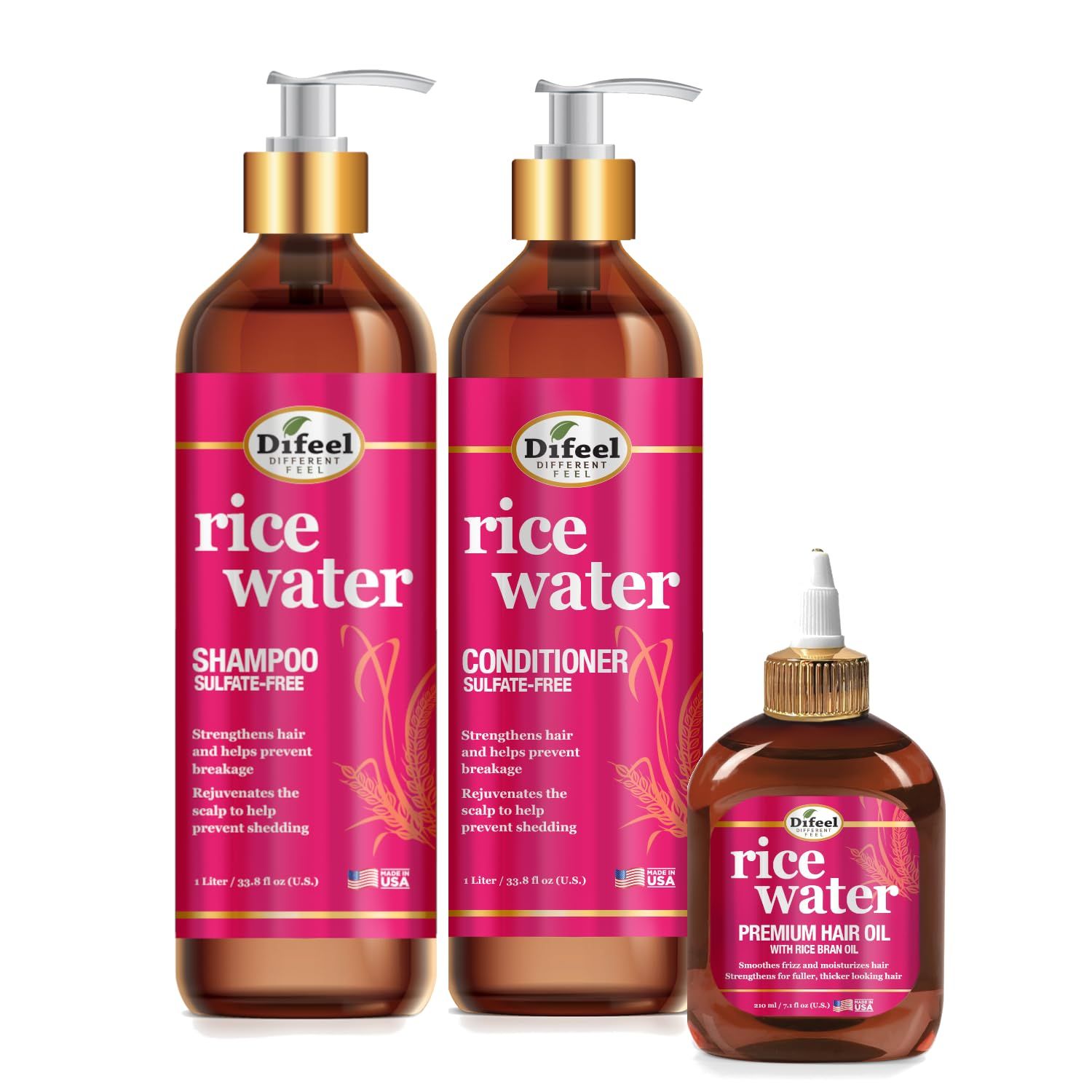Difeel Rice Water Hair Care 3PC Shampoo Conditioner Hair Oil Set - Includes 33.8oz Shampoo, 33.8oz Conditioner, 7.1oz Hair Oil